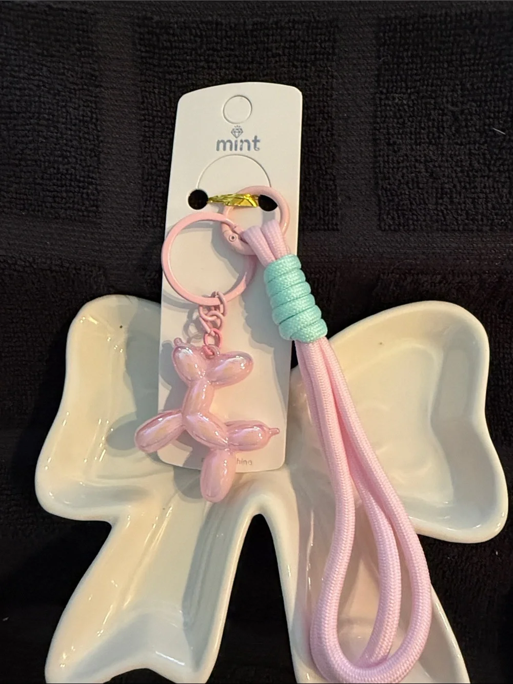 Mint Pink Balloon Dog Keyring with Mint Cord Accent